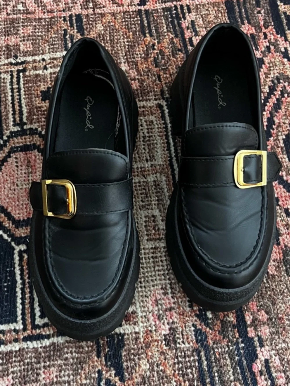 Qupid Black Chunky Faux Leather Platform Loafers with Gold Buckle